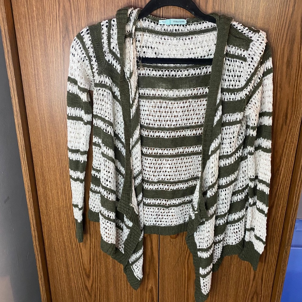 Maurices Hooded Cardigan Womens Large Green White Striped Open Knit Boho Sweater